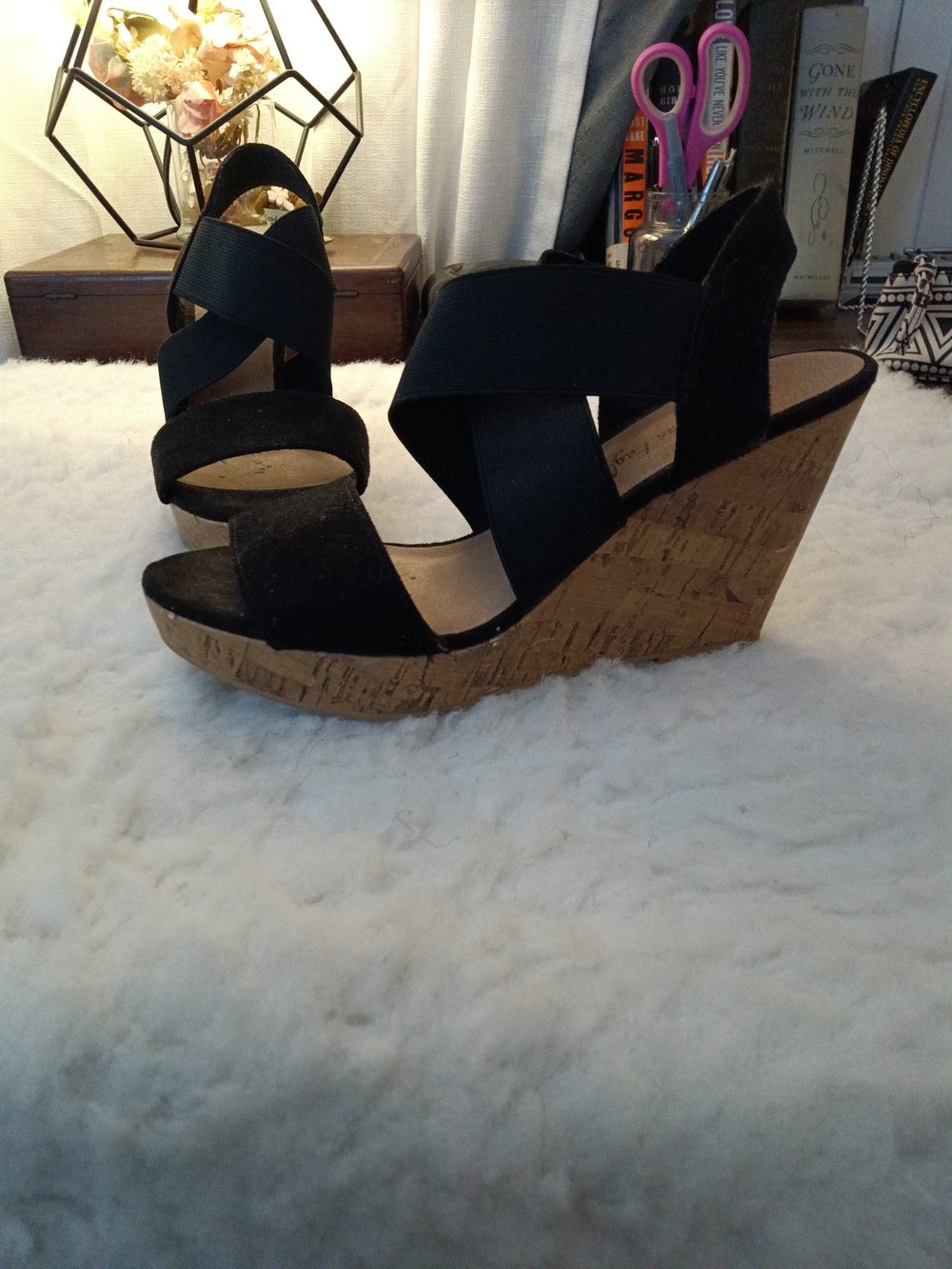 American Eagle By Payless Black Cork Wedge Sandals